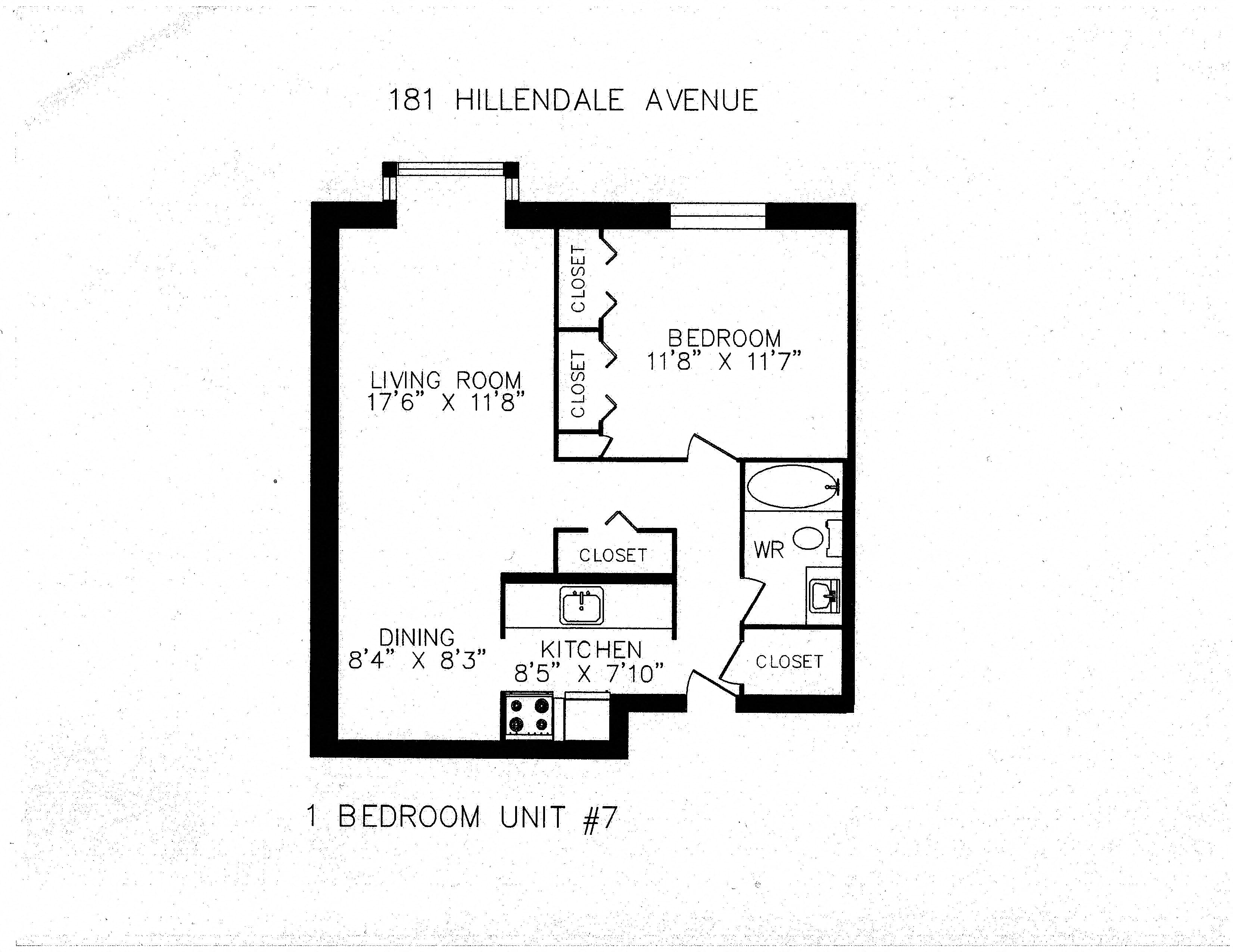 Floor plan for 1 bed, 1 bath, 640 sqft